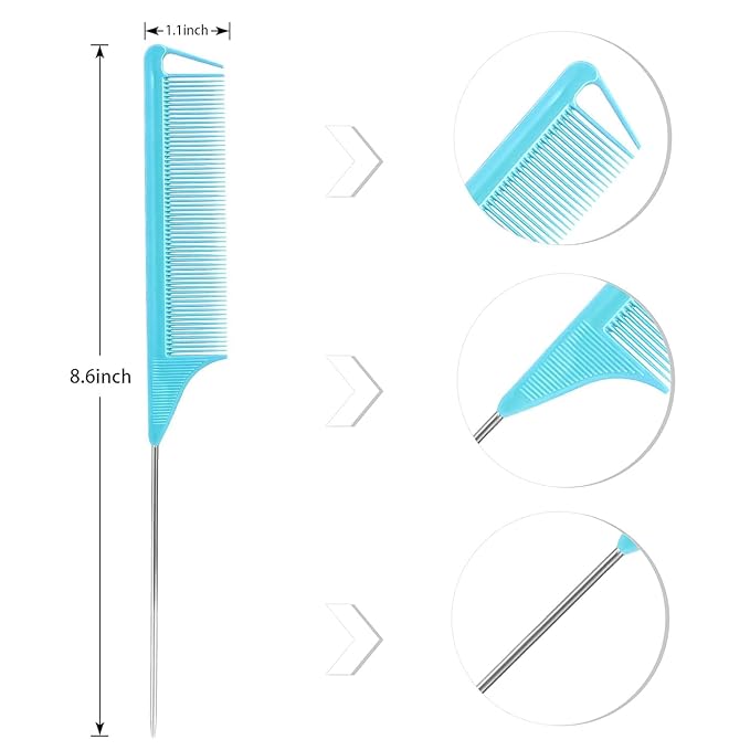Rat Tail Comb Hair Clips Set: 3Pcs Rat Tail Combs, Hair Styling Combs for Women and 7 Professional Sectioning Hair Clips (Black，Pink，Blue)