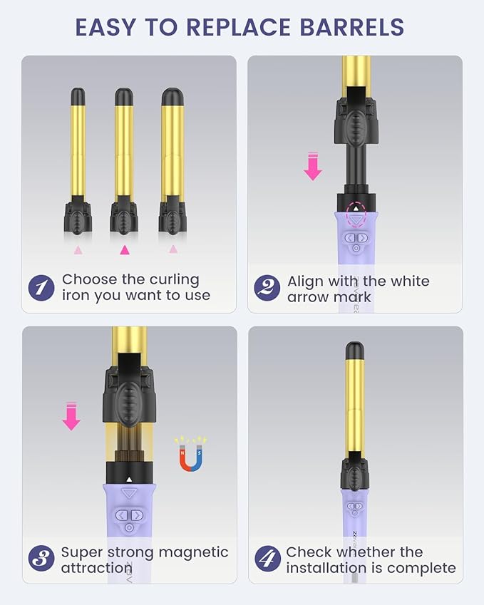 Rotating Curling Iron 3 in 1 Set, Automatic Curling Wand with 3 Interchangeable Ceramic Barrels(0.75" - 1.25"), Instant Heating Hair Culer with 5 Adjustable Temp, Include Heat Resistant Glove & Clips