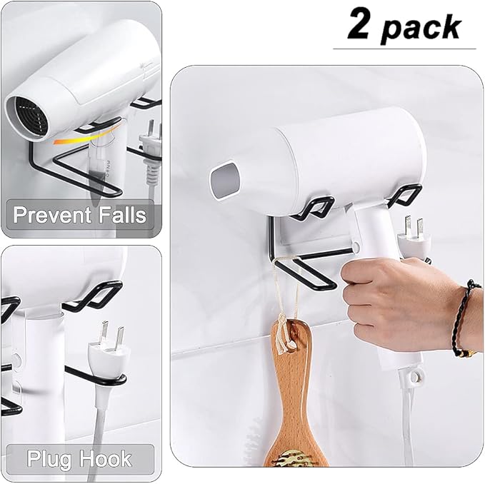 2 Pack Hair Dryer Holder, Wall Mount Self Adhesive Waterproof Blow Dryer Rack Storage Organizer Hanger, Compatible with Dyson and Most Hair Blower Appliance, Curling Iron, Straightener (Black)