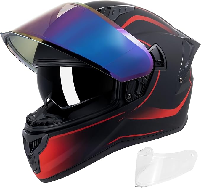 Full Face Motorcycle Helmets for Adult Men Women, DOT Approved Street Bike Racing Helmet Dual Visor Quick Release Buckle, Motorbike ADV Moped Helmet with Extra Clear Visor