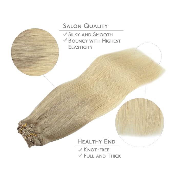 WENNALIFE Clip In Human Hair Extensions, 18 Inch 120g 7pcs Ash Blonde to Platinum Blonde Ombre Clip in Real Human Remy Hair Extensions