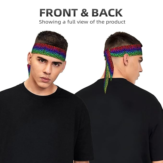 Men's Women Fashion Sports Sweatband Hand Decor for Running Fitness Spa, Long Multifunction Animal Neon Rainbow Colorful Cheetah Leopard Print Black Head Ribbon Headwear