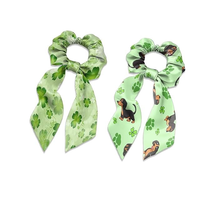 St Patricks Leaf Dachshund Hair Scarf Scrunchies for Women 2 Piece Music Note Ribbon Scrunchies for Ponytail Chic Knotted Bow No Damage Accessory