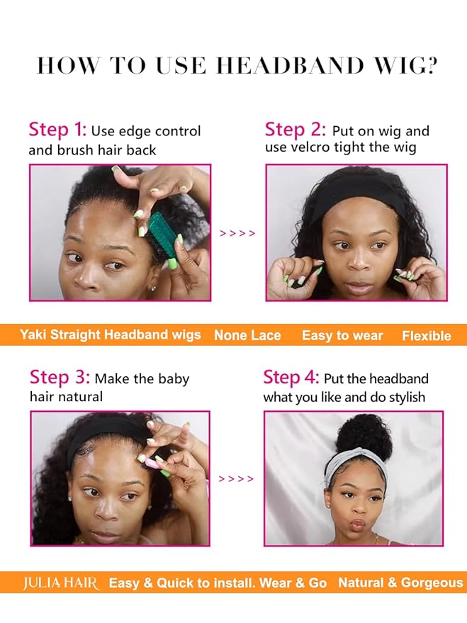Julia Hair 12A Headband Wig Human Hair Yaki Straight Glueless None Lace Half Wig With Pre-attached Scarf Ombre Chestnut Brown Highlight With Dark Roots for Black Women Put on and Go 26 Inch