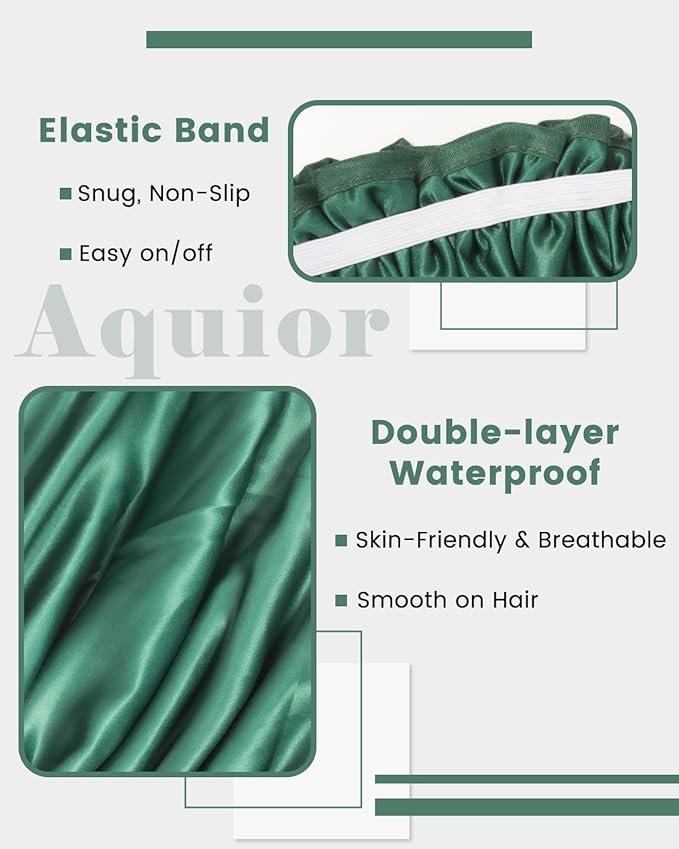 Aquior Shower Caps, Reusable Shower Cap for Women, Double Layer Waterproof Bonnet Hair Cap, Large Size for All Hair Lengths,for Girls Spa Home Salon Use(Green)