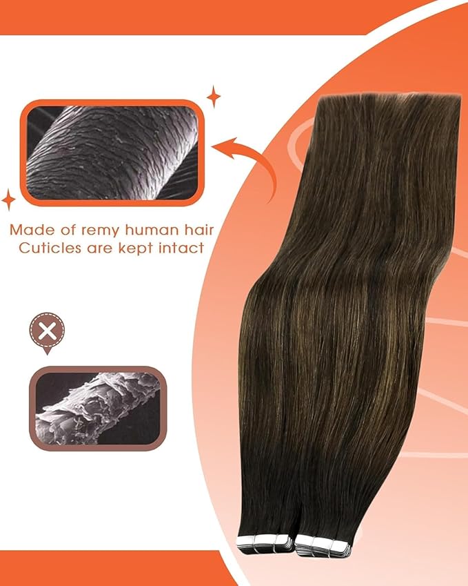 Sunny Hair Tape in Hair Extensions Real Human Hair Invisible Remy Hair Extensions Tape ins for Women Darkest Brown Ombre Medium Brown Balayage 24 inch 25G