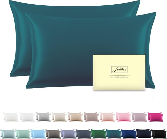 Silk Pillow Cases 2 Pack Soft Breathable and Sliky Queen Size Pillow Cases Set of 2,Natural Mulberry Satin Silk Pillowcase with Hidden Zipper for Hair and Skin (Teal,20"X 30",2pcs)