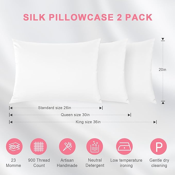 100% Silk Pillowcase 2 Pack for Hair and Skin, Both Sides 23 Momme Grade 6A+ Mulberry Silk Pillowcases with Hidden Zipper, Soft&Smooth Cooling Pillow Cases (White, Standard 20×26)