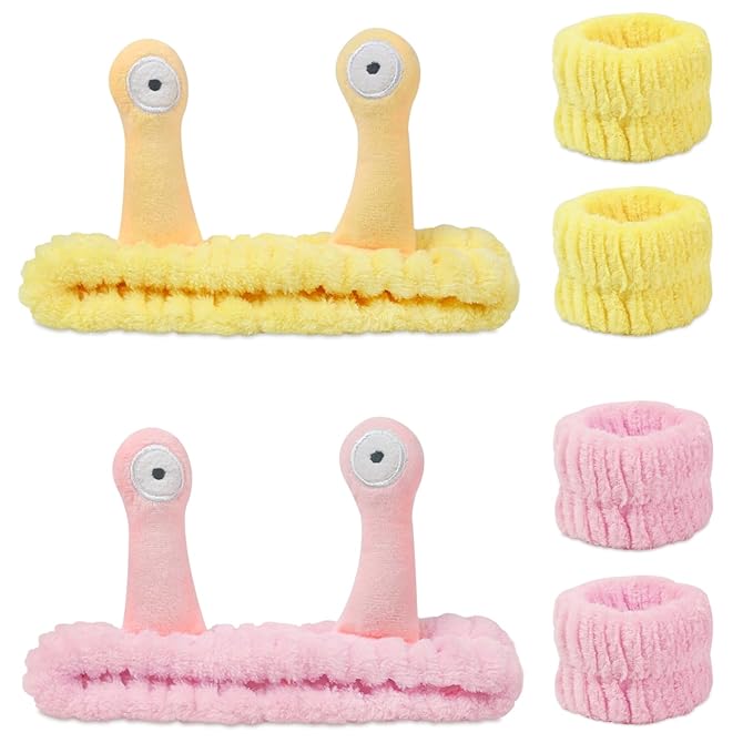 Snail Face Wash Headband Skincare & Wrist Bands for Washing Face Set Cute Spa Headband for Women and Wrist Faces Wash Bands for Shower, Facial Cleaning, Soft Coral Fleece Makeup Headbands,Yellow＆Pink