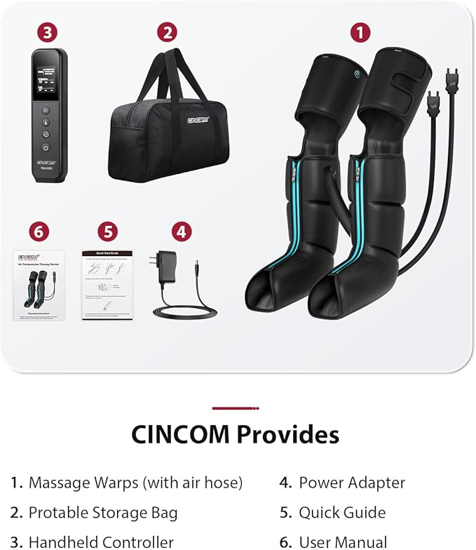 CINCOM Leg Massager for Circulation and Pain Relief, Air Compression 3 in 1 Leg Massager for Foot Calf & Thigh, Leg Compression Boots for Recovery, Edema, RLS Relief