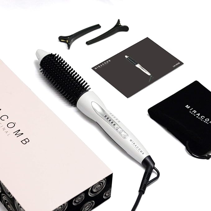 MIRACOMB Hair Curler Straightening Brush - Ceramic Tourmaline Flat Curling Iron - Cool Touch Round Brush PRO Multi Styler with 5 Heat Adjustments, 1 Inch Barrel, White (Enhanced)