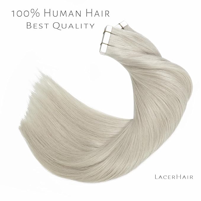 Lacer Tape in Hair Extensions - Human Hair, 20 Inch, Natural Grey Silver, Seamless, Silky Straight, 20pcs, 50grams
