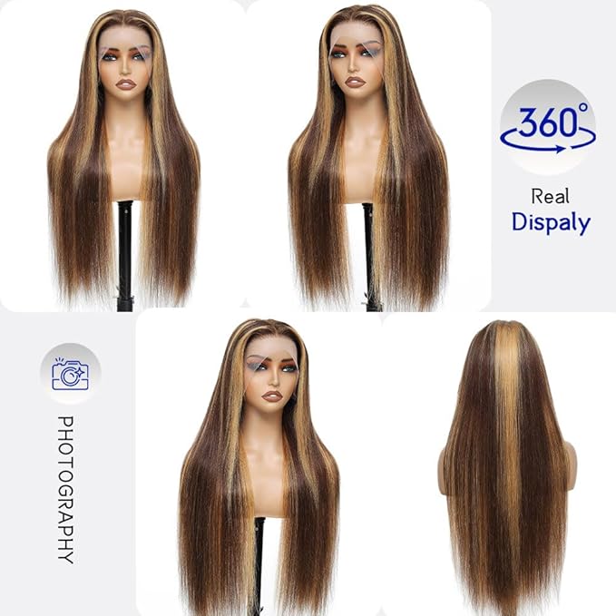32 Inch Ombre Lace Front Wig Human Hair 13x6 HD Lace Frontal Straight Wigs Human Hair Pre Plucked 200 Density 4/27 Brown Highlight Wigs Colored Longer Life No Tangle No Shedding
