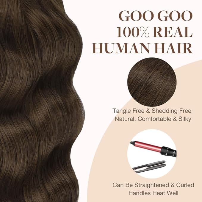 GOO GOO Tape in Hair Extensions Human Hair, 4A Chocolate Brown, 14inch 25g 10pcs, Skin Weft Seamless Invisible, Silky Straight with Thick Ends, Remy Human Hair