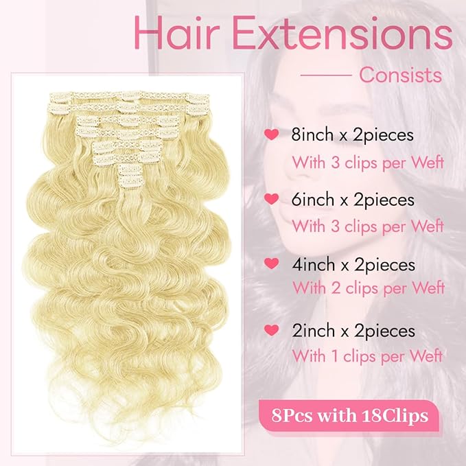 Clip in Hair Extensions Real Human Hair Body Wave 613 Bleach Blonde Clip in 100% Brazilian Remy Human Hair Extensions 8pcs Per Set with 18 Clips Double Weft 22 Inch 110g/3.6oz