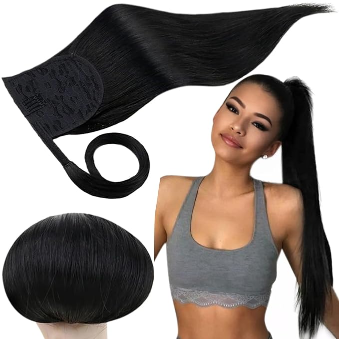 RUNATURE Ponytail Extension Human Hair Black, Real Hair Ponytail Extension for Women, 16 Inch 80g Wrap Around Human Hair Ponytail, Tangle-free, Clip in Pony Tail Extension #1 Jet Black