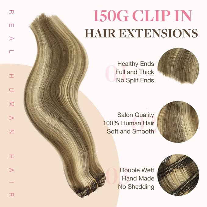 GOO GOO Clip in Hair Extensions Real Human Hair, Remy Human Hair Extensions Clip ins for Women, Natural Human Hair, 22inch 150g 9Pcs, 8A/22 Medium Brown Highlighted Golden Blonde