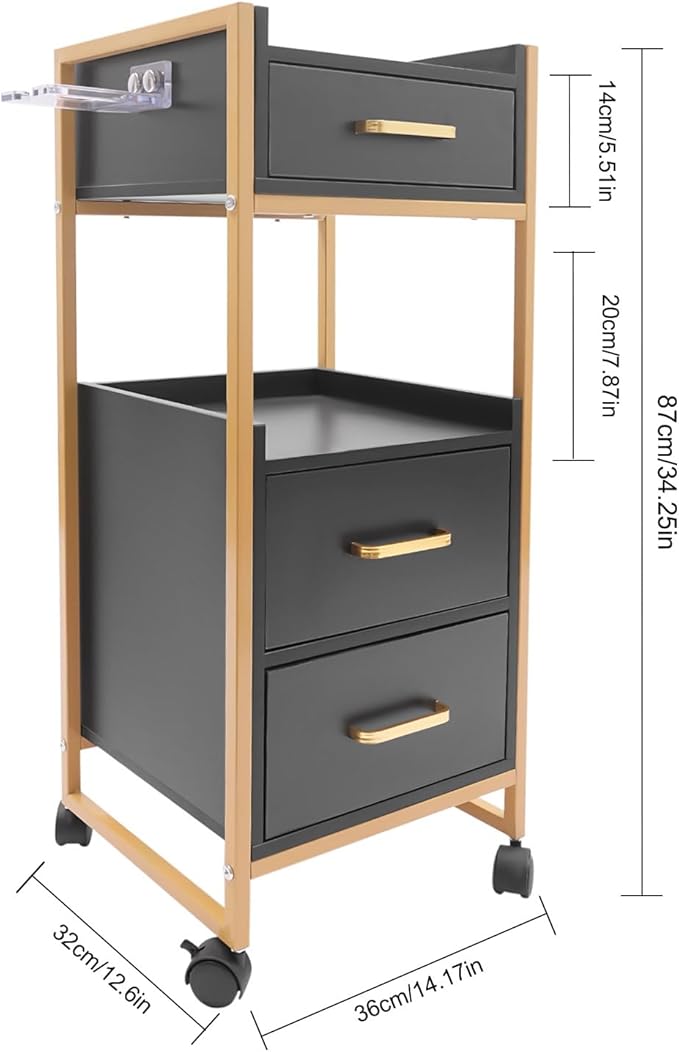 Salon Trolley with Wheels, 3 Drawers Salon Cart with Hair Dryer Holder Utility Salons Cabinet for Tools Storage at Barbershop Beauty Salons Tattoo Shop (Black)