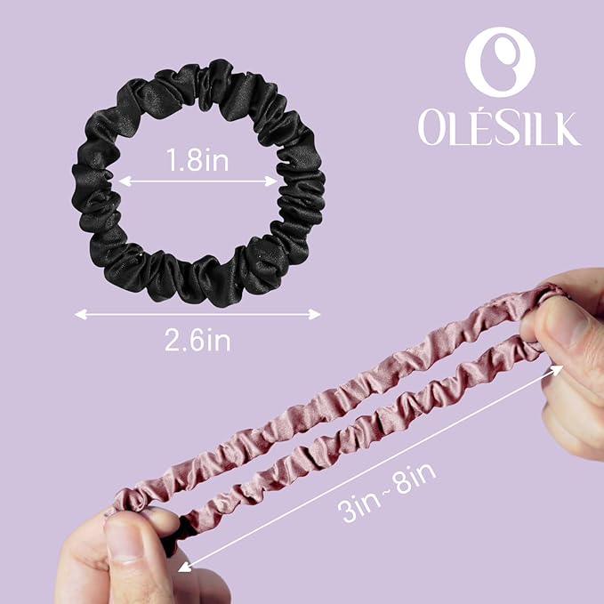 OLESILK Silk Hair Tie - 100% Mulberry Silk Scrunchies, Soft and Gentle Hair Accessories, Skinny for Women with Thin Fine Hair, 3 Count, Brown
