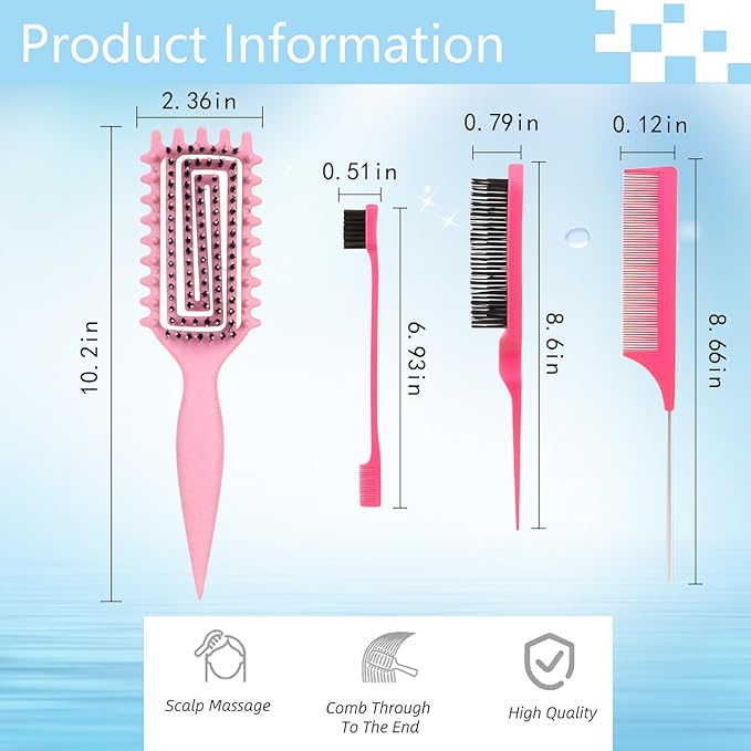 Curly Hair Brush,Curl Defining Brush plus 3 Pieces Hair Styling Comb Set(Slick Back Hair Brush,Rat Tail Comb,Edge Bristle Brush) Lightweight Vented for Combing, Shaping, Styling(Pink)