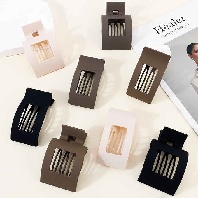 Velscrun Flat Hair Clips for Women Girls, 2 Styles 8 Pcs Lay Flat Claw Clips, Strong Hold French Duck Billed Large Side Hair Jaw Clip for All Hair Types, Non Slip Grip for Daily Styling Coffee Brown