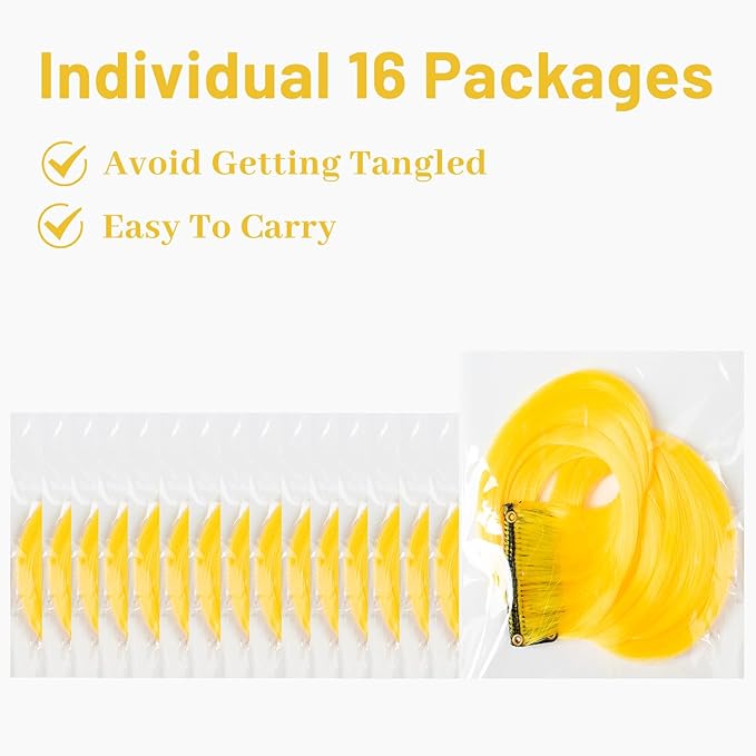 16 Pcs Colored Hair Extensions Curly Wavy Clip in Synthetic Hair Extensions,Colorful Party Highlights Hairpiece Streak for Girls Women Kids Christmas New Year Cosplay Party Gift(Yellow)