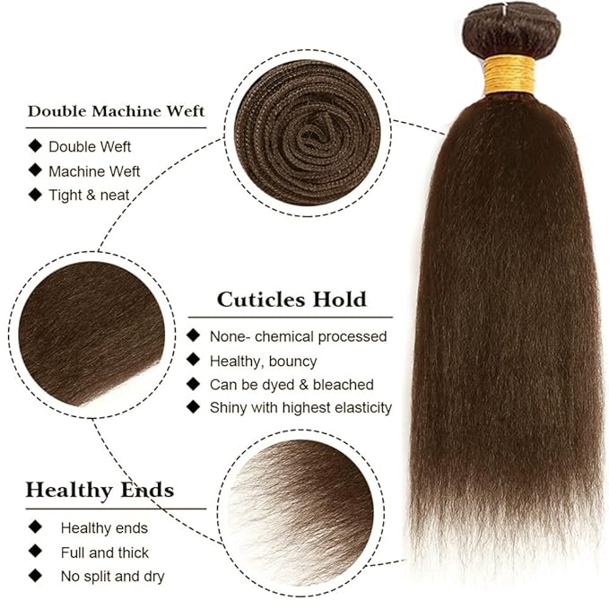 Brown Kinky Straight Bundles Color 4 Human Hair Bundle Brazilian Virgin Remy Hair 3 Bundles 14 16 18 Inch Niegmeag Double Weft Soft and Silky Color 4 Yaki Straight Bundle Hair Weave 300g