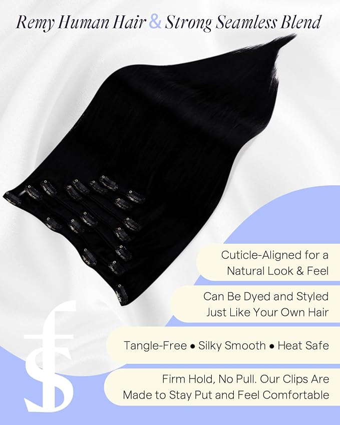 Full Shine Jet Black Clip in Hair Extensions Human Hair 22 Inch 220 G Human Hair Clip ins for Black Women for Volume 7 Pcs