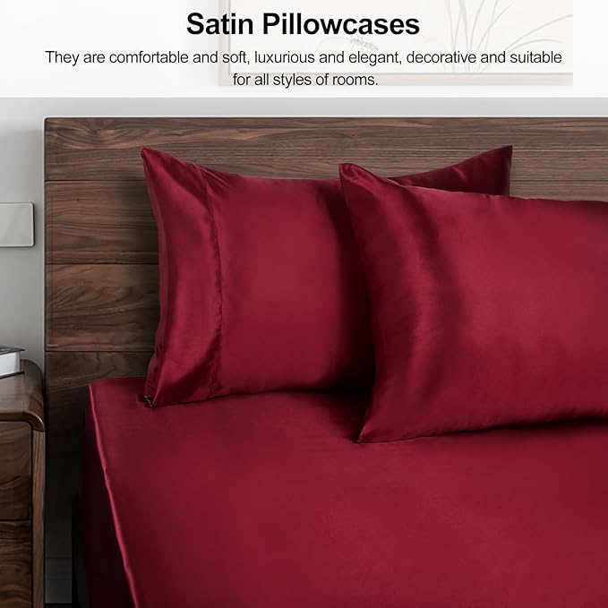 Lirex Satin Pillowcase for Hair and Skin, Super Soft and Cooling Similar to Silk, 2 Pack King Size 20"X 40" Pillow Cases with Envelope Closure, Gifts for Women Men, Wine Red