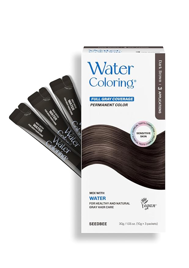 Korean Permanent Hair Dye, Powder Hair Color Kit, Dark Brown, Gray Hair Coverage, Plant-Based Formula, Easy Application for Roots, Short & Long Hair, Vegan, Just Mix with Water (3 Powder Packets)