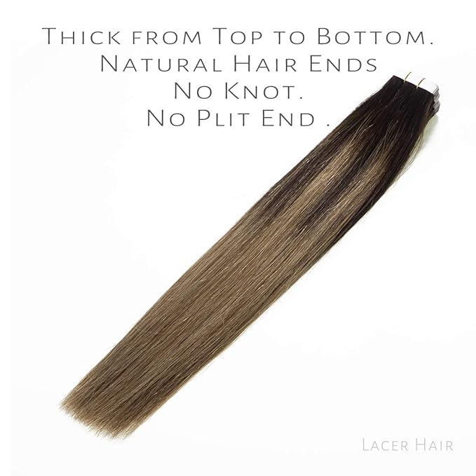 Lacer Natural Hair Extensions Remy Tape in Human Hair Extensions Balayage Seamless PU Skin Weft 100% Real Virgin Hair Ombre Darkest Brown to Chestnut Brown Color 100g 40pcs/set 22 Inch