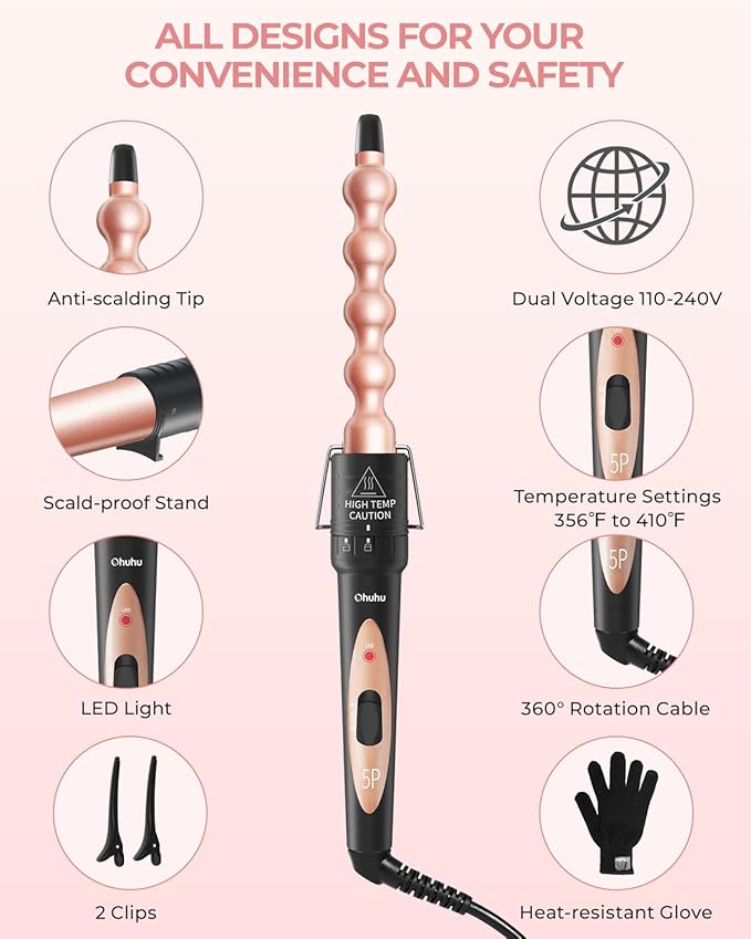 5 in 1 Curling Wand Set: Ohuhu Curling Iron Wand 5Pcs 0.35 to 1.25 Inch Interchangeable Ceramic Barrel Heat Protective Glove 2 Clips Dual Voltage Hair Curler Women Girl Mother Christmas Gift Rose Gold