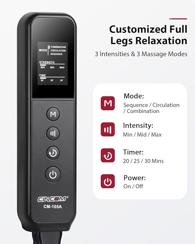 CINCOM Leg Massager for Circulation and Pain Relief, Air Compression 3 in 1 Leg Massager for Foot Calf & Thigh, Leg Compression Boots for Recovery, Edema, RLS Relief