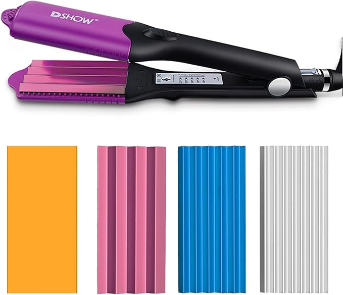 DSHOW 4 in 1 Hair Crimper Hair Waver Hair Straightener Curling Iron with 4 Interchangeable Titanium Ceramic Flat Crimping Irons Plates (Purple) (Blush)