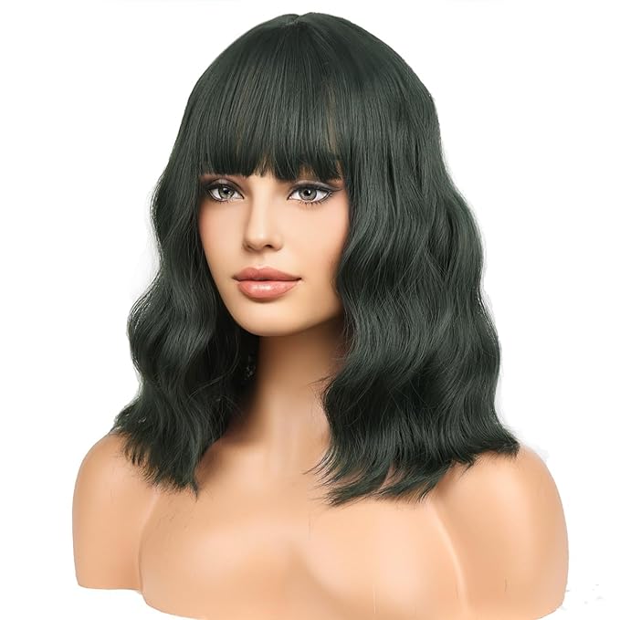 BERON 14 Inches Dark Green Wig for Women Short Curly Wig Green Wigs with Bangs Loose Wavy Wigs for Daily or Party