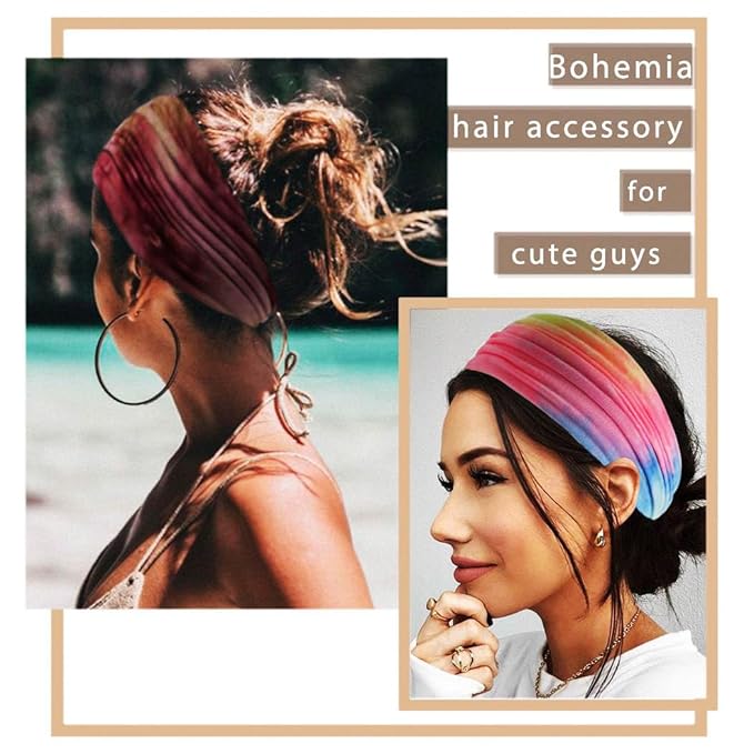 Wide Headbands Stretch Turban Knotted Hairbands Elastic Yoga Workout Sweatband Running Sport Head Scarf Large African Head Wraps for Women 4 Pcs (Set E)
