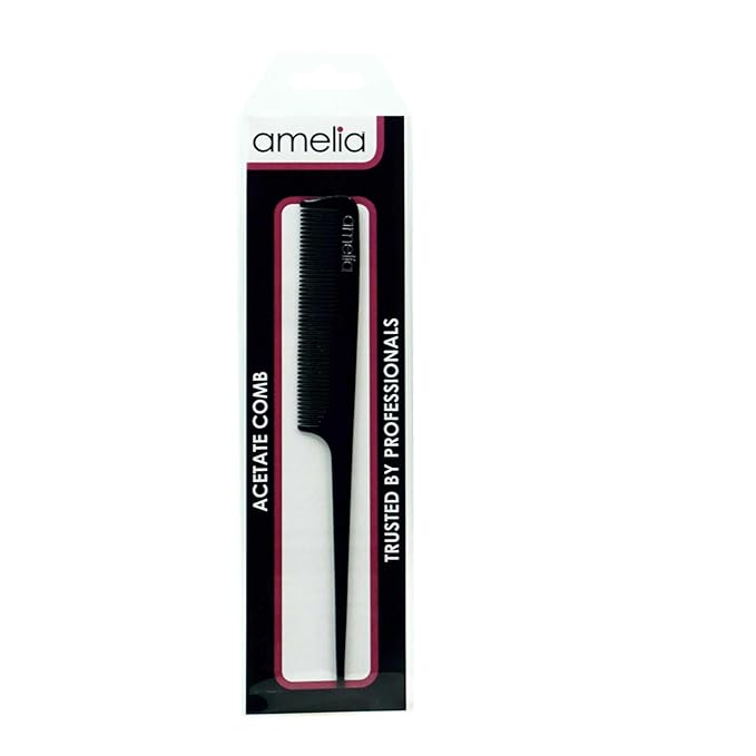 Amelia Beauty Cellulose Acetate 8in Rat Tail Comb, Handmade, Smooth Edges, Eco-Friendly Plant Based Material, Log Tail Sectioning, Course Teeth - Black Color