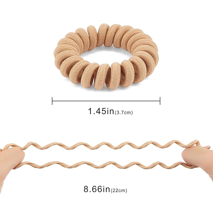 Spiral Cloth Hair Ties (Beige, 12 Pcs) - Coil Ponytail Holders for Thick, All Hair Types, No Crease Phone Cord Design