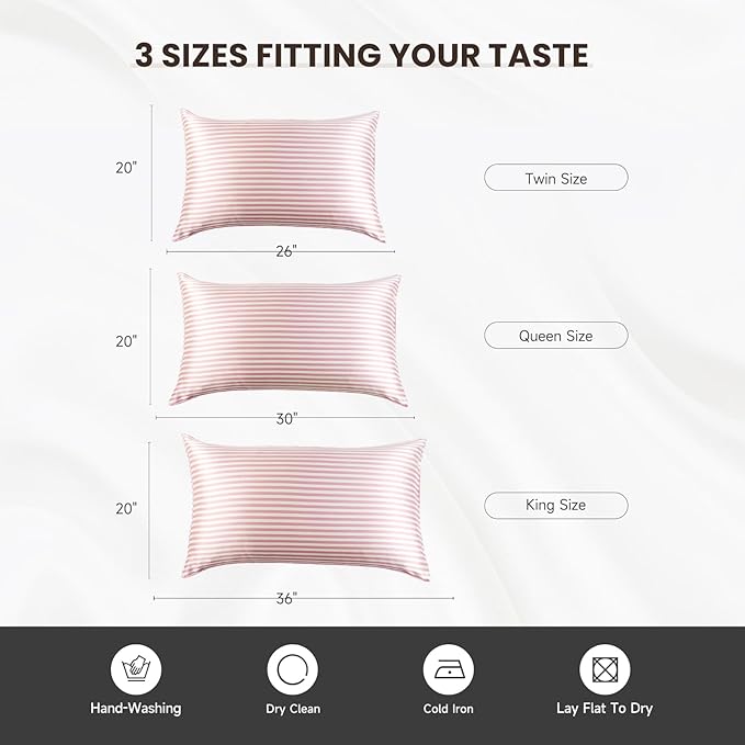 THXSILK Mulberry Silk Pillowcase for Hair and Skin Health, Grade 6A+ Mulberry Silk Pillowcase with Hidden Zipper, Soft and Breathable, 1pc (King 20"x36", Pink White Stripes)