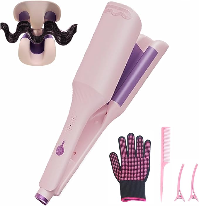 Waver Hair Crimper, 1.25 Inch Curling Wands with Ceramic 3 Barrels, 4 Temp Settings, Heat Resistant Glove, Fast Heating Crimper Hair Iron for Short and Long Hair (Pink)
