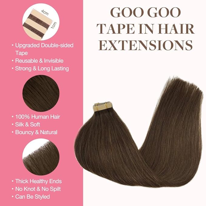 GOO GOO Tape in Hair Extensions Human Hair, 4A Chocolate Brown, 24inch 100g 40pcs, Skin Weft Seamless Invisible, Silky Straight with Thick Ends, Remy Human Hair