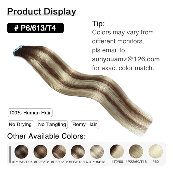 SUYYA Tape in Hair Extensions Human Hair Balayage Chocolate Brown to Bleach Blonde and Chestnut Brown 50g/pack 20pcs Straight Seamless Skin Weft Tape in Real Human Hair Extensions(18inch #P6/613/T4)