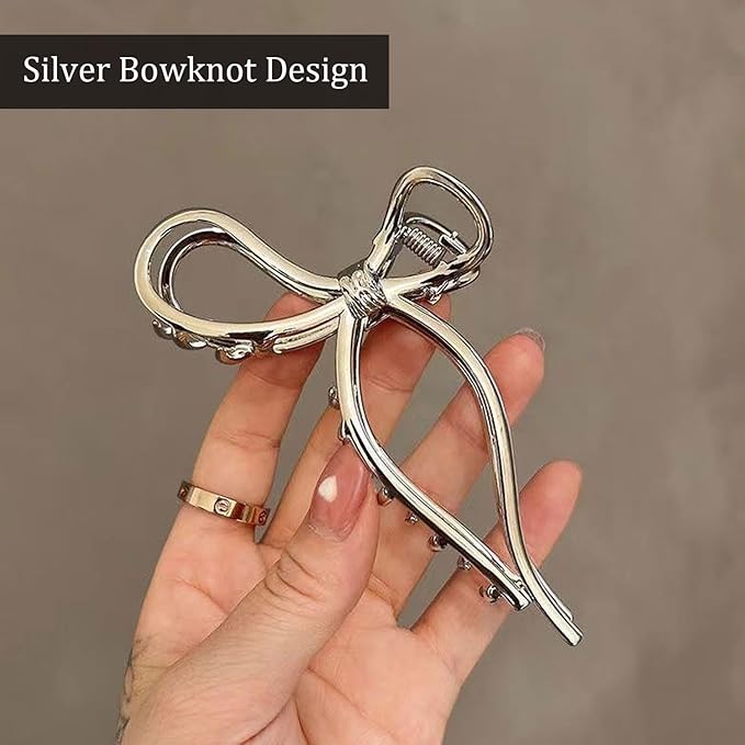 Silvery Bowknot Metal Hair Clips - Elegant Non-Slip Strong Hold Grip Jaw Clips for Thick Hair Accessories
