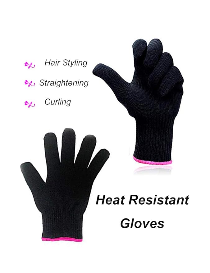 2 Heat Resistant Glove for Hair Styling, Curling Iron, Flat Iron and Curling Wand, Black, Pink Edge