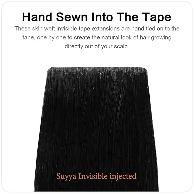 SUYYA Invisible Tape in Hair Extensions Human Hair Jet Black Seamless Injected Hand-Tied Pro Quality Virgin Human Hair 20PCS 50G/Pack Straight Tape Ins(22 inch #1 Jet Black)