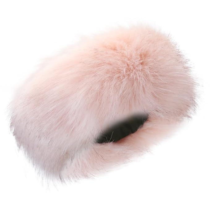 Faux Fur Headband for Women Elastic Fuzzy Thick Earmuffs Winter Headwrap Ear Muffs Furry Ear Warmers Cold Weather (Pink)