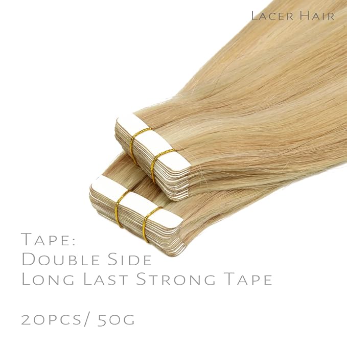 Lacer Invisible Tape in Hair Extensions Human Hair Silky Straight Golden Blonde to Platinum Blonde Hair Extensions Tape in 12 Inch 60G Seamless Tape Hair Extensions