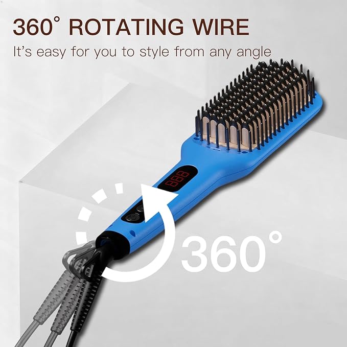 MEGAWISE Hair Straightener Ceramic Brush; Anti-Scald Dual Voltage Flat Iron Hot Brush | Rotatable Cord |Auto Shutoff | Anti-frizz |for All Hair Types (Gentian Blue)