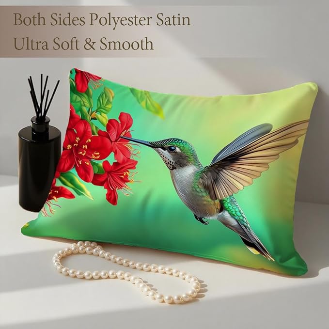 Satin Pillowcase with Zipper for Hair and Skin Humming Bird and Red Flowers 1 Pack Soft Silk Pillow Case Standard Size Wrinkle-Free Smooth and Cooling Satin Pillow Cover 20”x26”