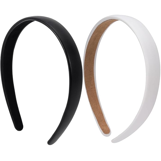 2pcs Leather Thick Headband for Women, 5.31 Inch Wide Padded Fashion Headbands Hair Band, Non-Slip Simple Head Band Hair Accessories for Long Culry Hairstyle- White & Black